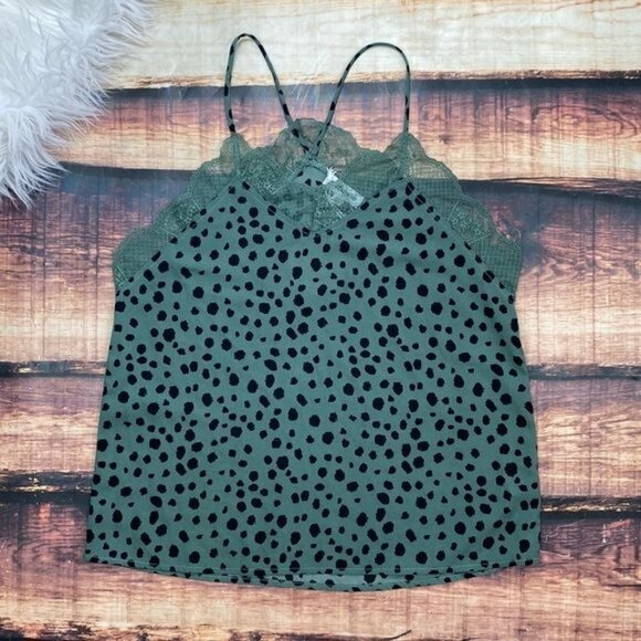 Tops - Leopard Spots Cami Lace Trim Animal Print Green Tank Top
